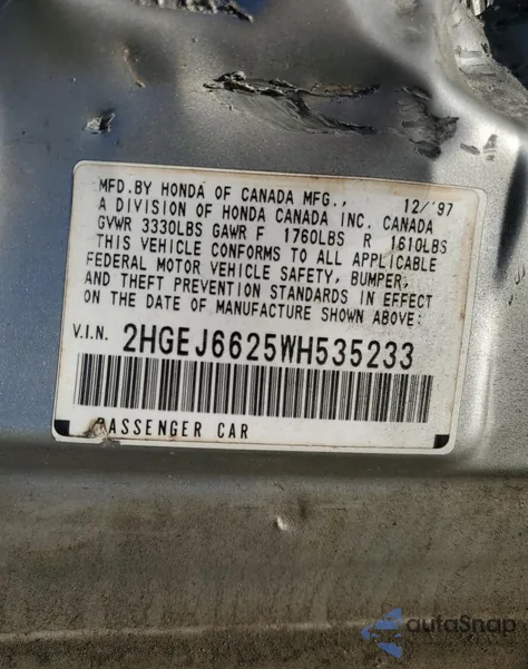 1998 Honda Civic Dx из США, поврежденный, VIN 2HGEJ6625WH535233